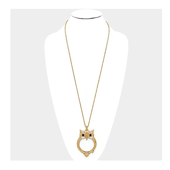 Goldtone Wise Owl Magnifying Glass Pendant Necklace - Picture 3 of 3